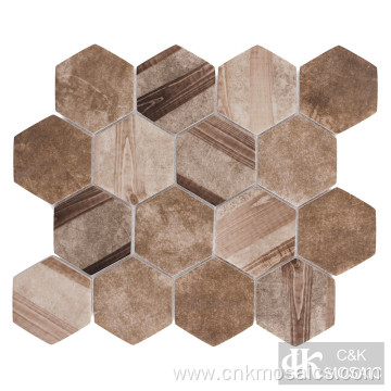 Brown Wood Multi Color Hexagon Recycled Glass Mosaic